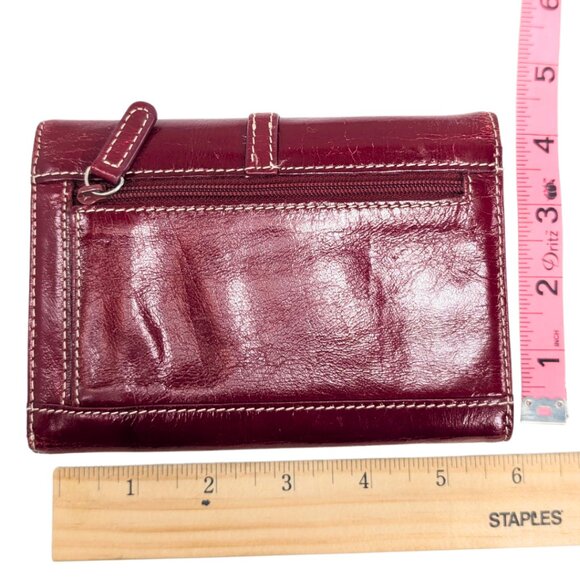 Red Burgundy Italian Leather Folding Snap Buckle Wallet Cards Coin Preppy - Picture 2 of 8